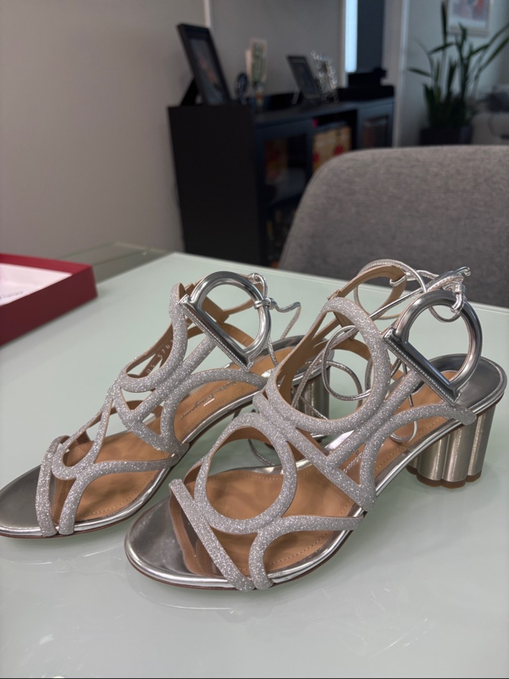 Salvatore Feregamo Silver Glitter Strappy Women’s Sandals made in Italy